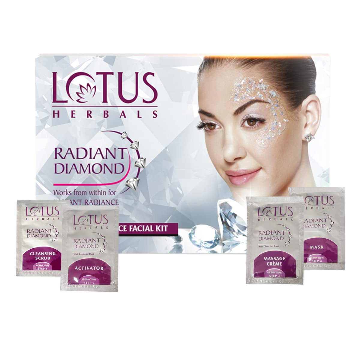 Facial Kit- Lotus Herbals Radiant Diamond Cellular Radiance Facial Kit with Diamond Dust & Cinnamon for All Skin Types 37gm