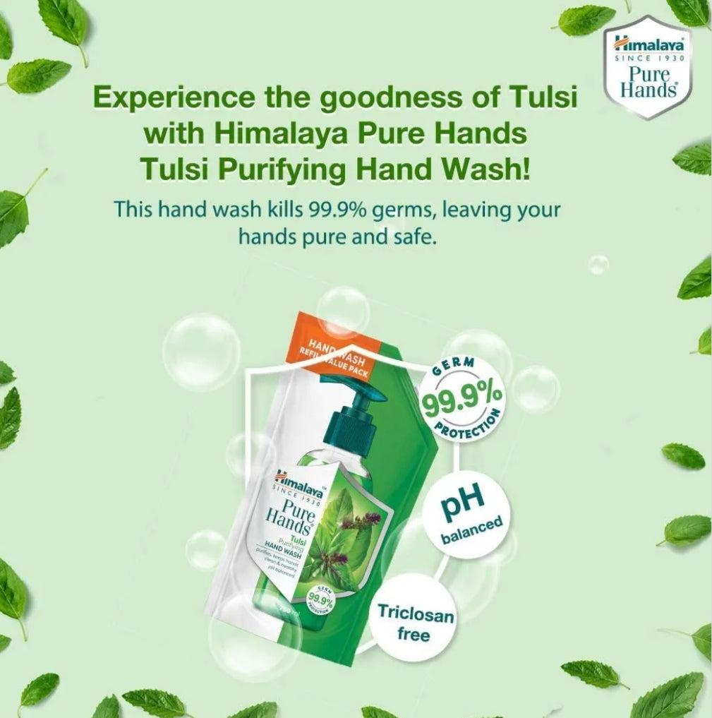 Hand Wash- Himalaya Pure Hands Tulsi Purifying PH Balanced Hand Wash which Purifies, Keeps Hands Clean & Healthy and gives Germ Protection upto 99.9% - Refill Value Pack 185ml