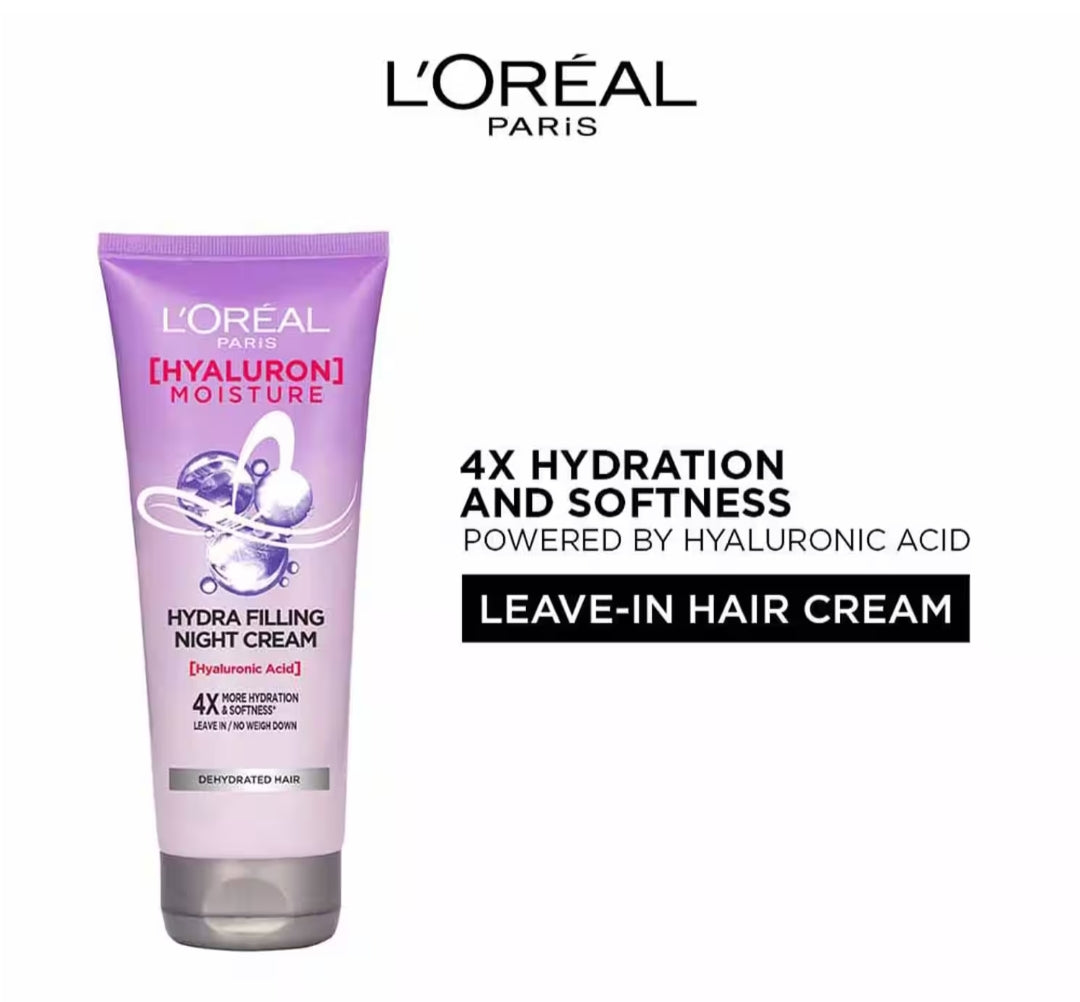 Hair Mask & Cream- L'Oreal Paris Hyaluron Moisture Hydra Filling Night Cream, Powered by Hyaluronic Acid, For Dry & Dehydrated Hair 180 ml