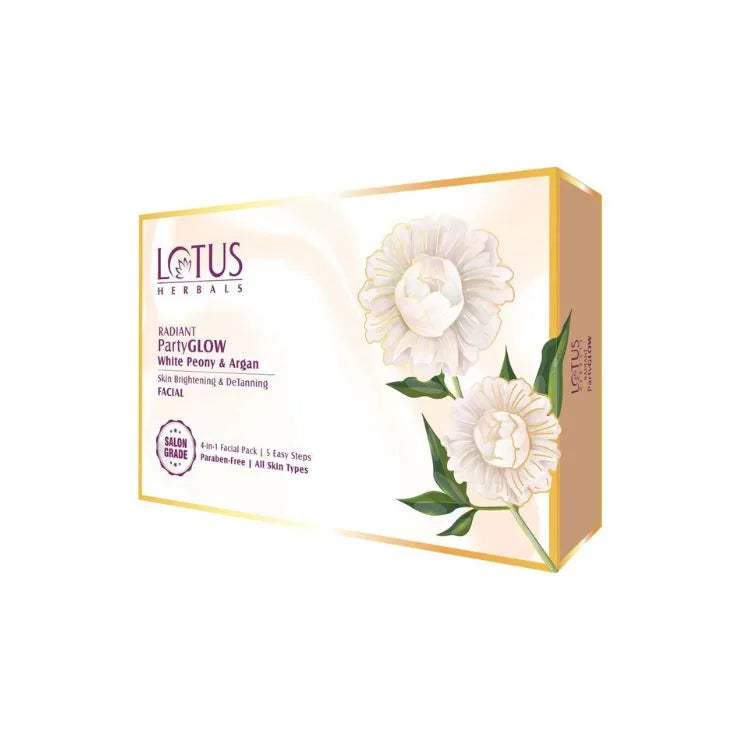 Facial Kit- Lotus Herbals Radiant PartyGlow White Peony & Argan Skin Brightening & DeTanning Facial Kit