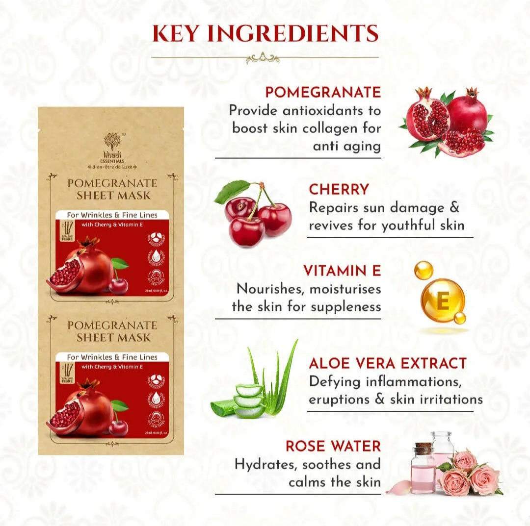 Face Sheet Mask- Khadi Essentials Pomegranate Sheet Mask with Cherry & Vitamin-E for Wrinkles & Fine Lines 25ml