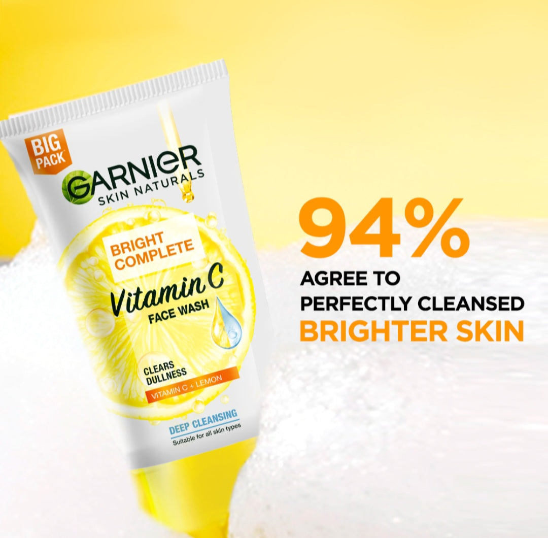 Face Wash- GARNIER Bright Complete Vitamin-C Face Wash which Clears Dullness and Enhances Glow 150gm