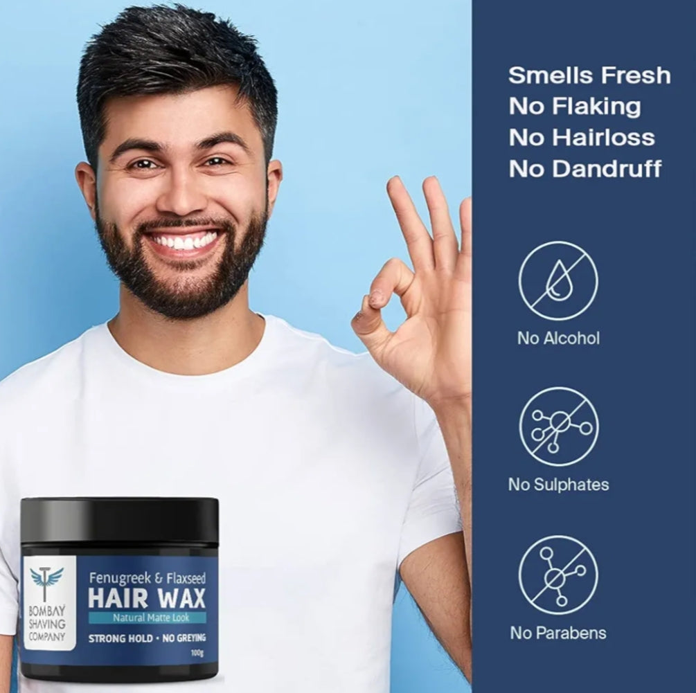 Men's Shaving, Styling and Grooming- Bombay Shaving Company's Natural Matte Look Hair Styling Wax enriched with Fenugreek & Flaxseed for Strong Hold & No Greying 100gm