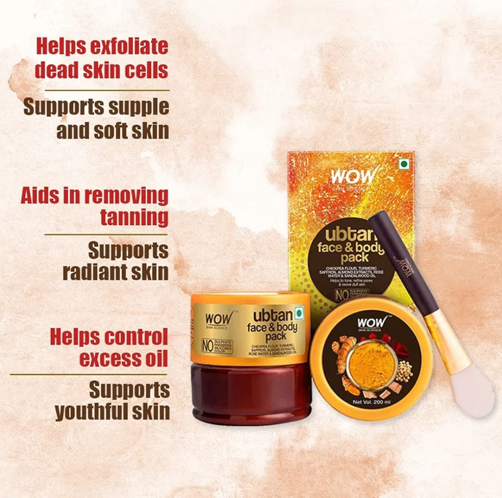 Face Pack & Sleeping Mask- WOW Ubtan Face & Body Pack with Chickpea Flour, Turmeric Extract and Saffron Extract which Helps to Tone, Refine Pores and Revive Dull Skin 200ml