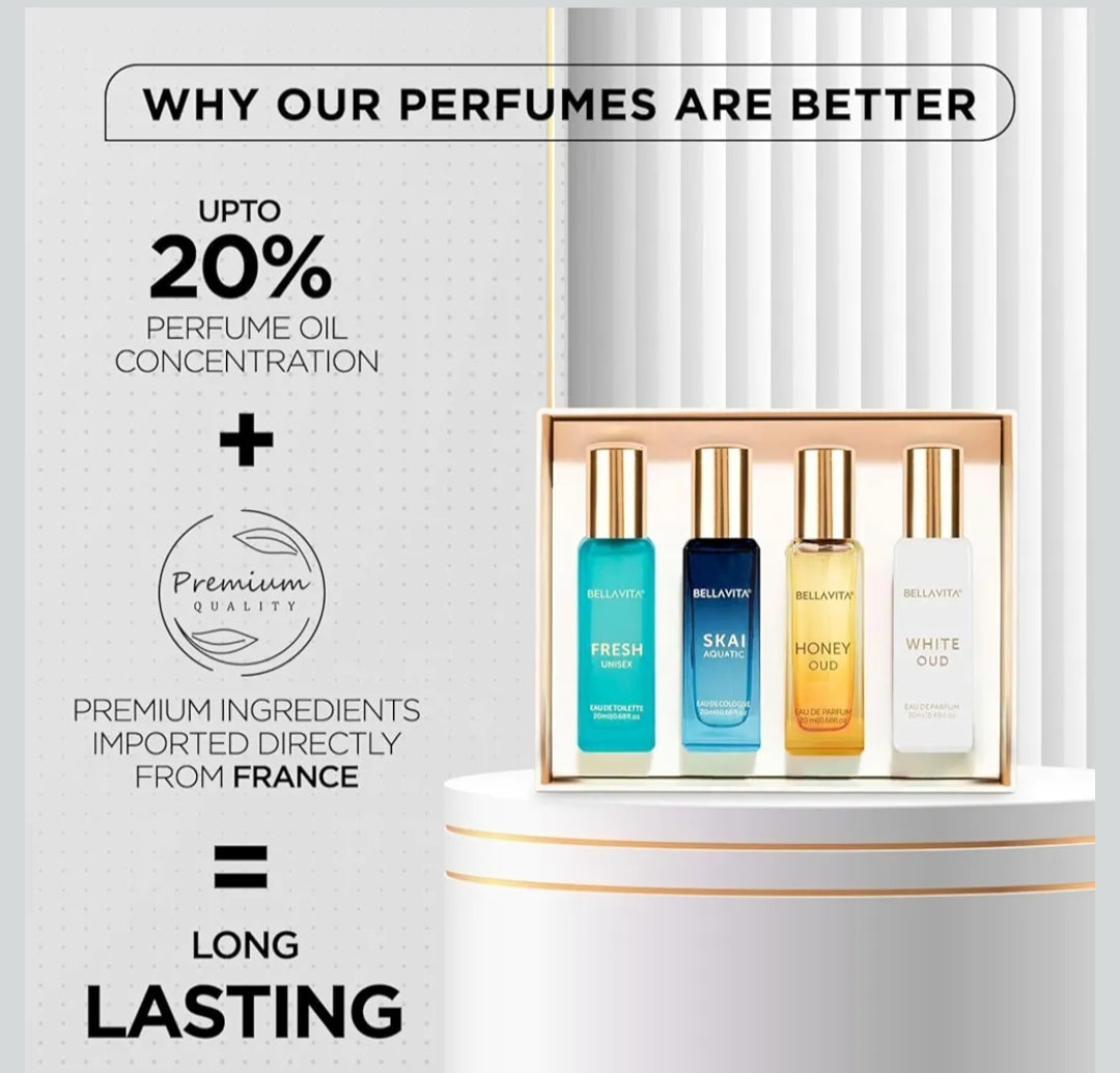 Perfumes & Deodorants- Bella Vita Luxury Long Lasting Unisex Perfume Gift Set 20mlx4 (SKAI, FRESH, WHITE OUD, HONEY OUD) for Man & Woman.