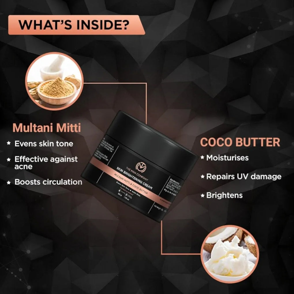Brightening & Glowing Cream- The Man Company's Skin Brightening Cream with Multani Mitti & Coco Butter For Men which Evens Skin Tone & Adds Glow 50gm