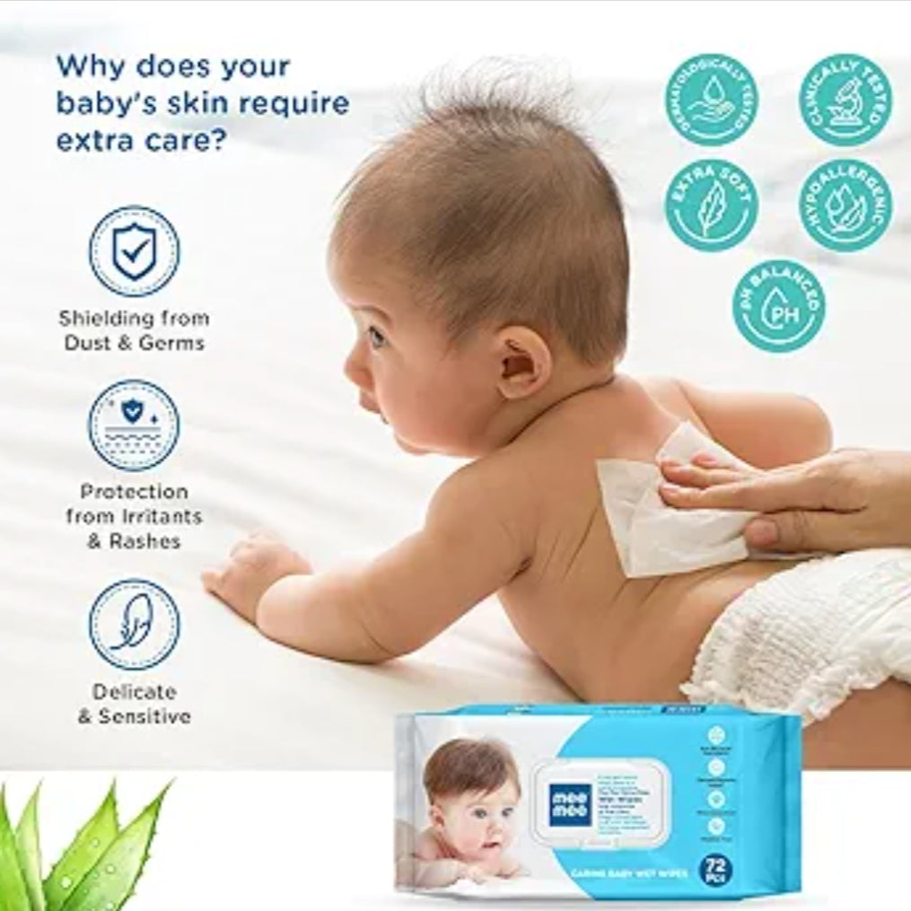 Wipes- mee mee Caring Baby Wet Wipes with Aloe Vera (for Goodness), Castor Oil (for Soothing) and Glycerine (to Lock Moisture) Pack of 72 Pieces