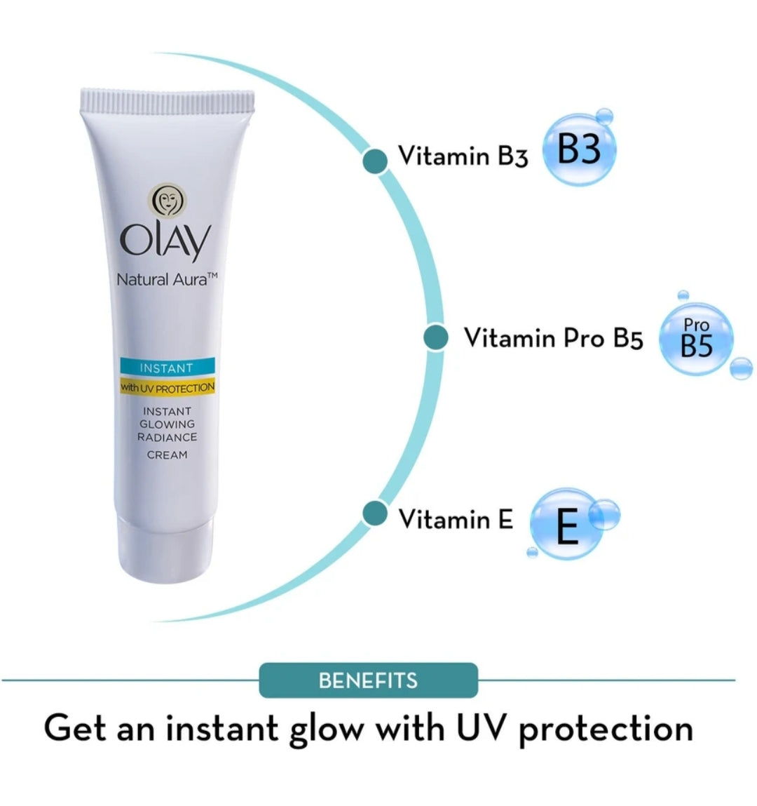 Brightening & Glowing Cream- OLAY Natural Aura Instant Glowing Radiance Light & Non-Greasy Cream with UV Protection 20gm