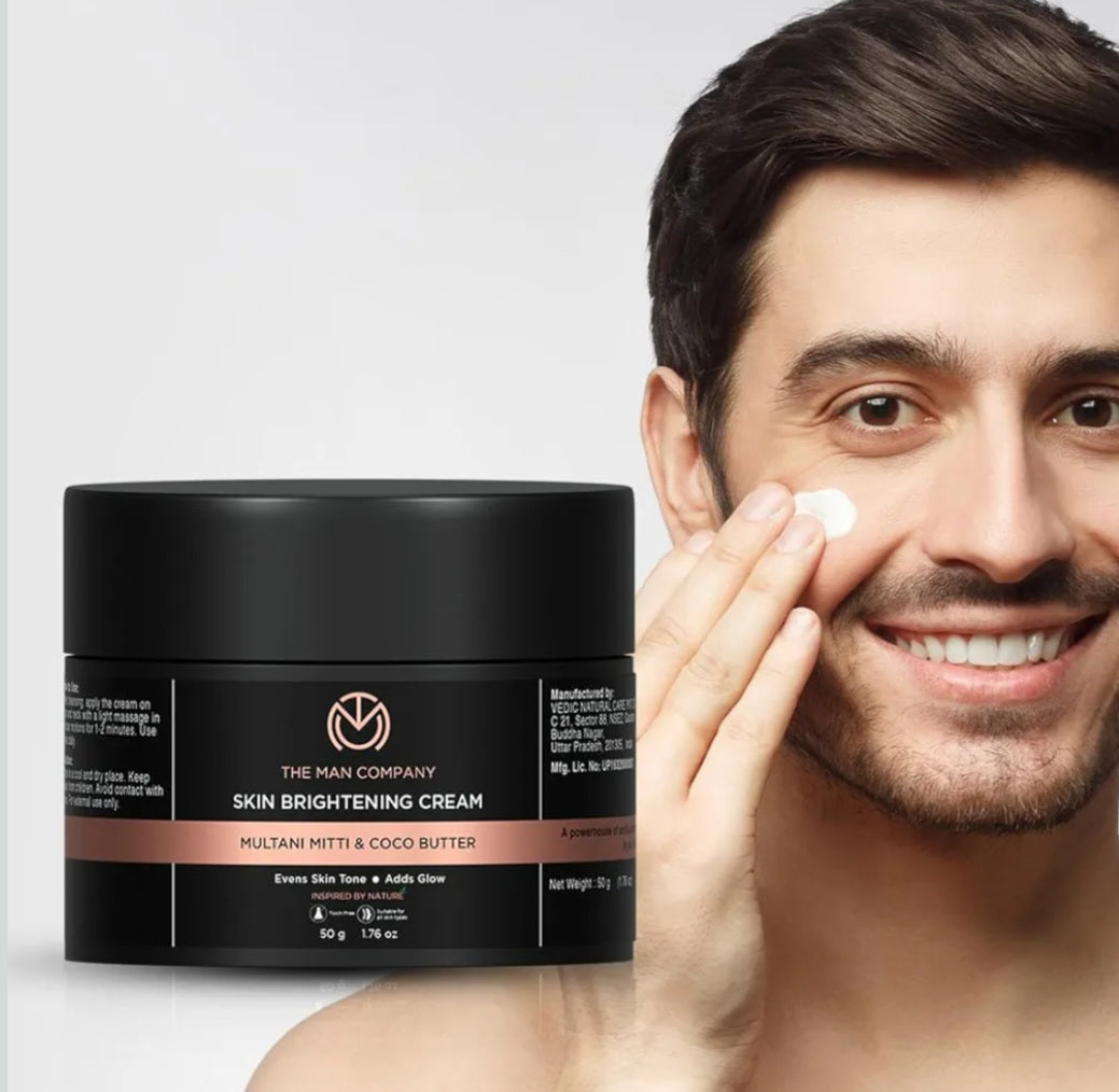 Brightening & Glowing Cream- The Man Company's Skin Brightening Cream with Multani Mitti & Coco Butter For Men which Evens Skin Tone & Adds Glow 50gm