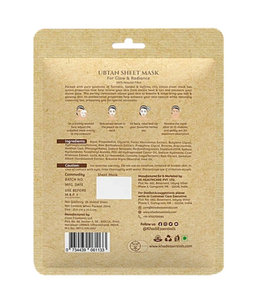 Face Sheet Mask- Khadi Essentials Ubtan Sheet Mask with Turmeric & Saffron for Glow & Radiance 25ml