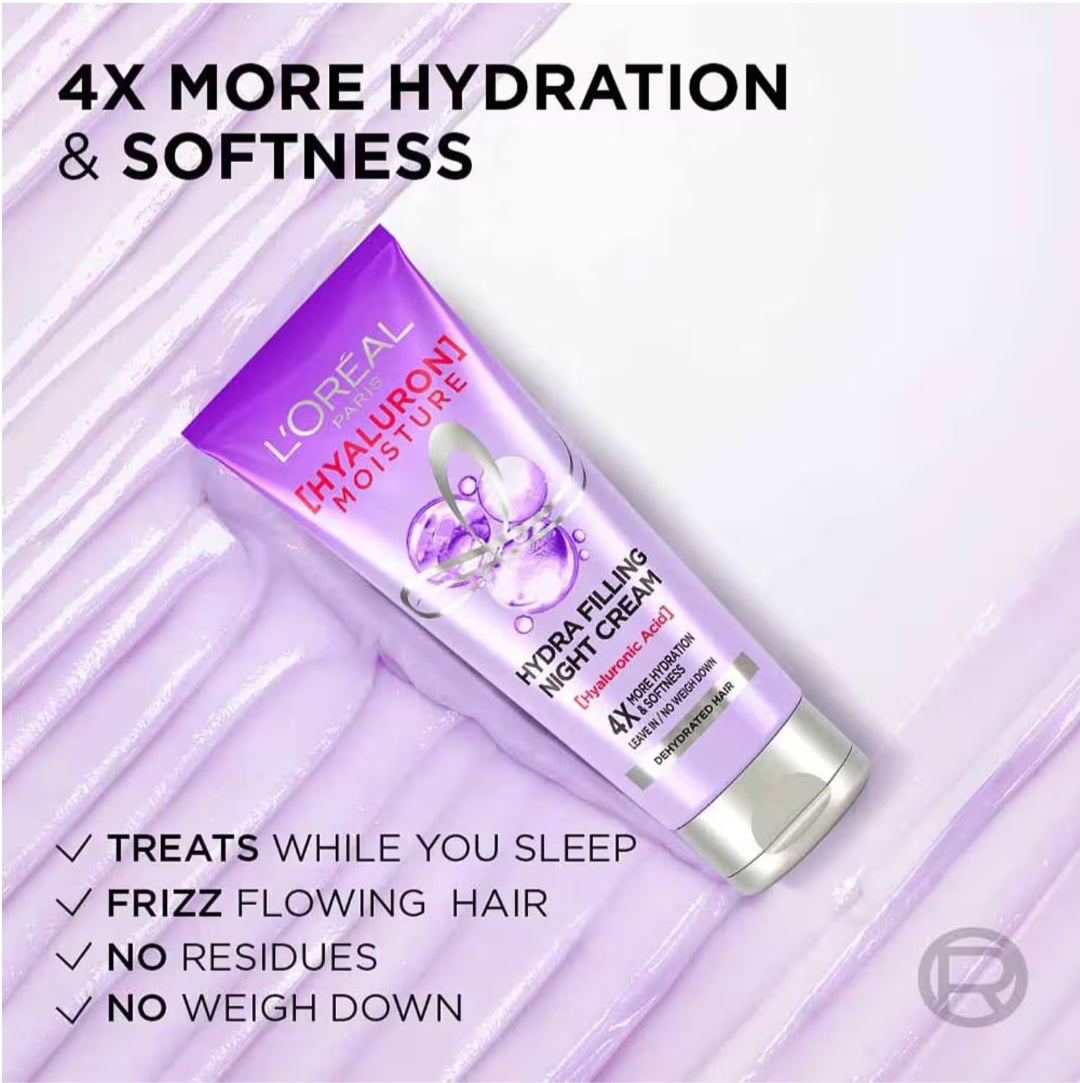 Hair Mask & Cream- L'Oreal Paris Hyaluron Moisture Hydra Filling Night Cream, Powered by Hyaluronic Acid, For Dry & Dehydrated Hair 180 ml