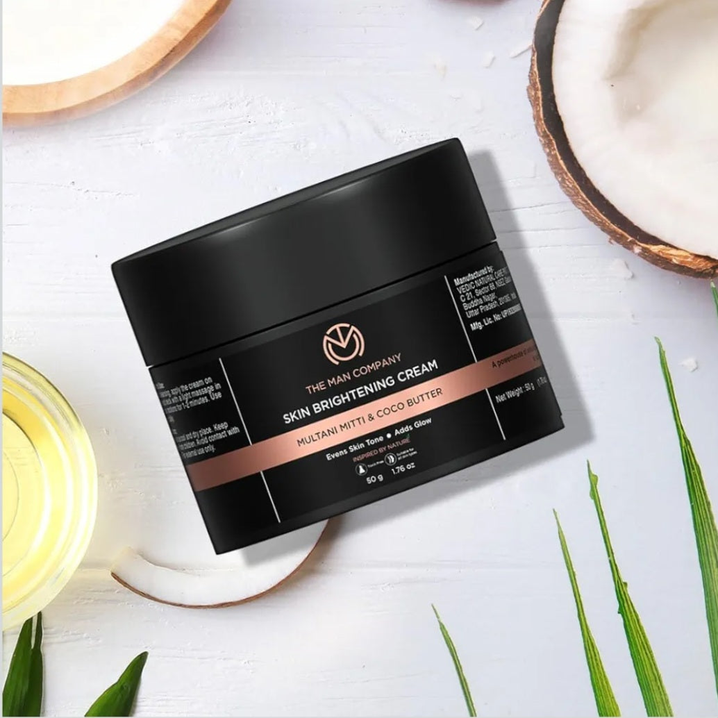 Brightening & Glowing Cream- The Man Company's Skin Brightening Cream with Multani Mitti & Coco Butter For Men which Evens Skin Tone & Adds Glow 50gm