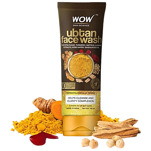 Face Wash- WOW UBTAN FACE WASH WITH POWER OF CHICKPEA FLOUR, TURMERIC, SAFFRON, ALMOND EXTRACTS, ROSE WATER AND SANDALWOOD OIL 100ML