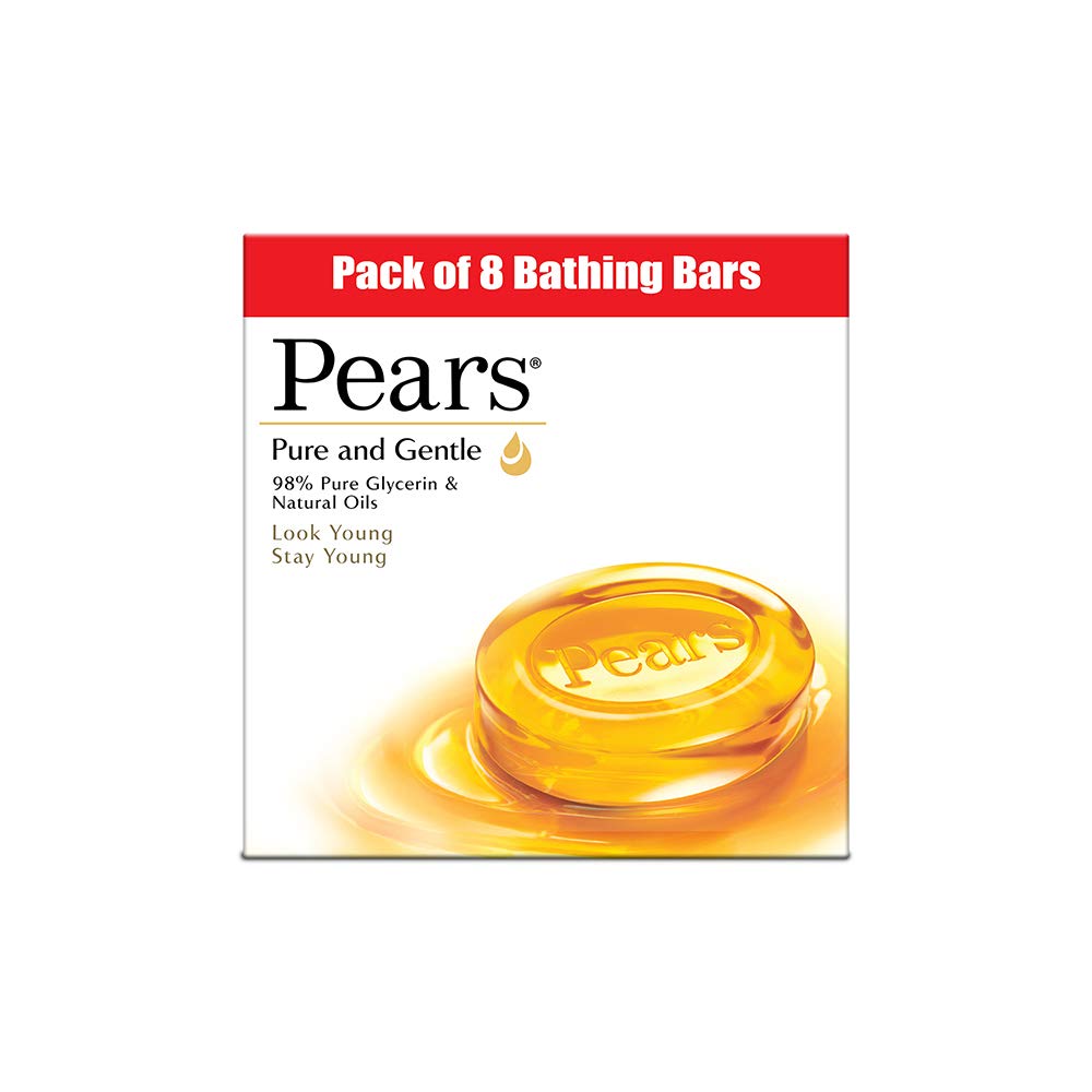Bathing Soap- Pears Pure & Gentle Bathing Bar (Pack of 8 Bars) with 98% Pure Glycerin & Natural Oils which makes & keeps you Young - 8x125gm