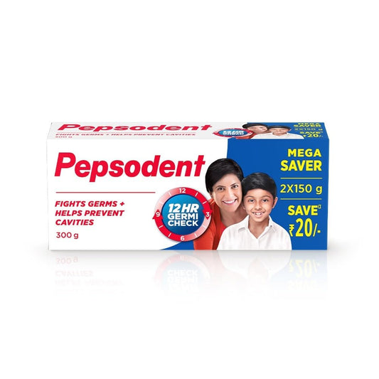 Toothpaste- Pepsodent Germicheck 300g (150g x 2) 8 Actions, Whole Mouth Cavity Protection Plaque Removal Toothpaste With Anti-Germ Formula, Clove And Neem Oil, Jumbo Save Pack