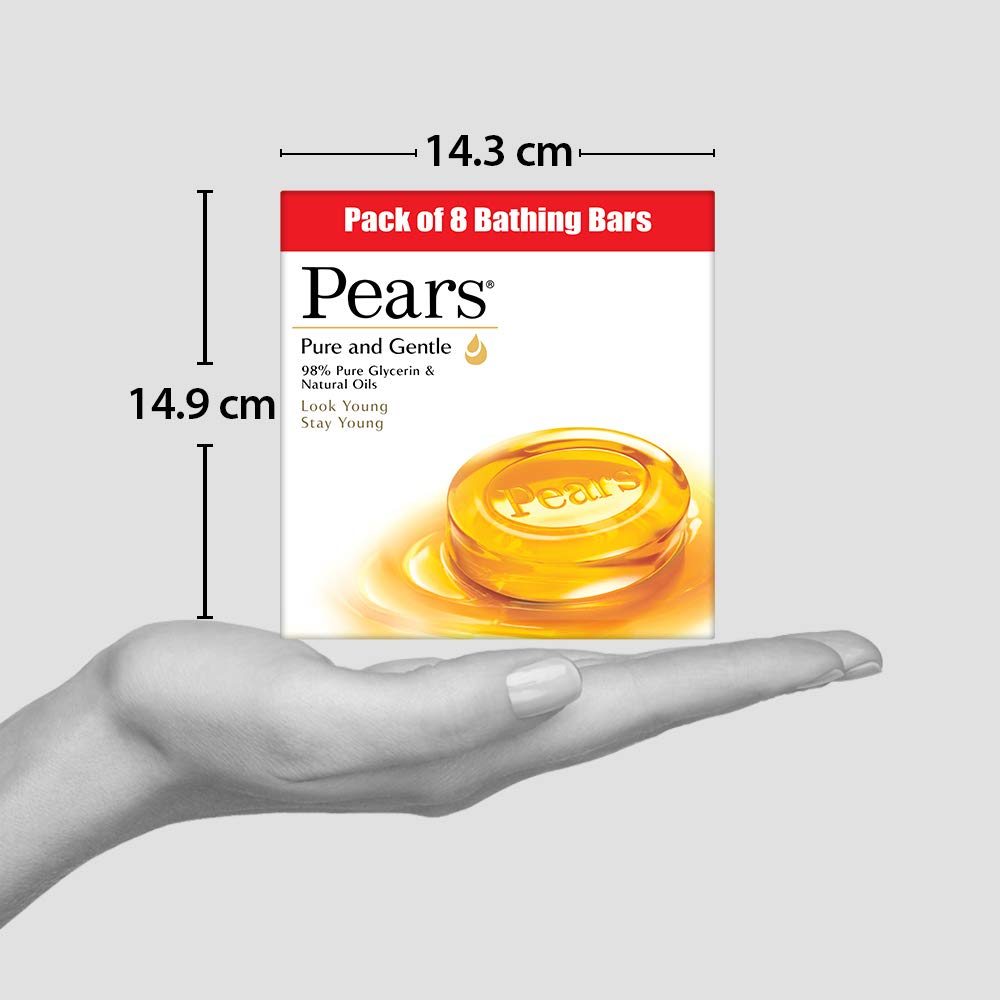 Bathing Soap- Pears Pure & Gentle Bathing Bar (Pack of 8 Bars) with 98% Pure Glycerin & Natural Oils which makes & keeps you Young - 8x125gm