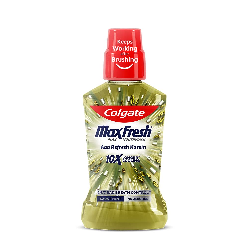 Mouth Cleaning- Colgate Maxfresh Plax Antibacterial Mouthwash (Saunf), Removes 99% Germs with CPC 24/7 Fresh Breath, 0% Alcohol - 250ml