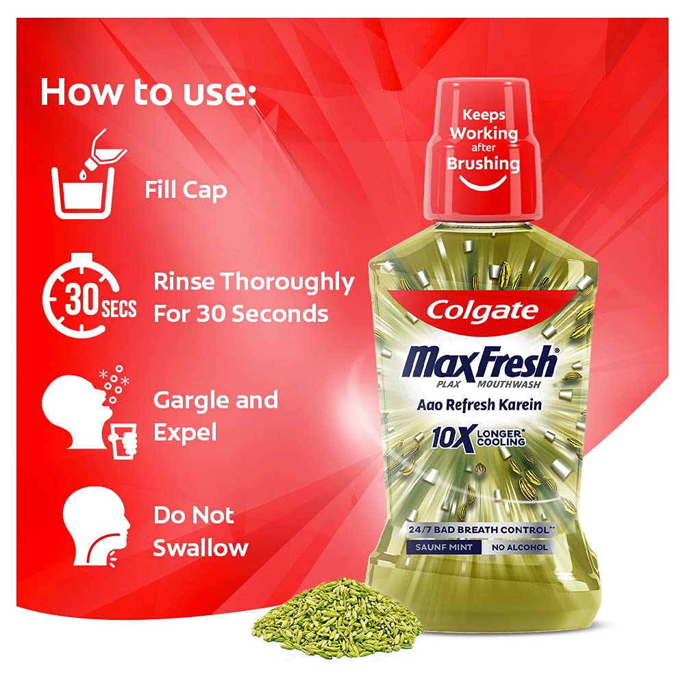 Mouth Cleaning- Colgate Maxfresh Plax Antibacterial Mouthwash (Saunf), Removes 99% Germs with CPC 24/7 Fresh Breath, 0% Alcohol - 250ml