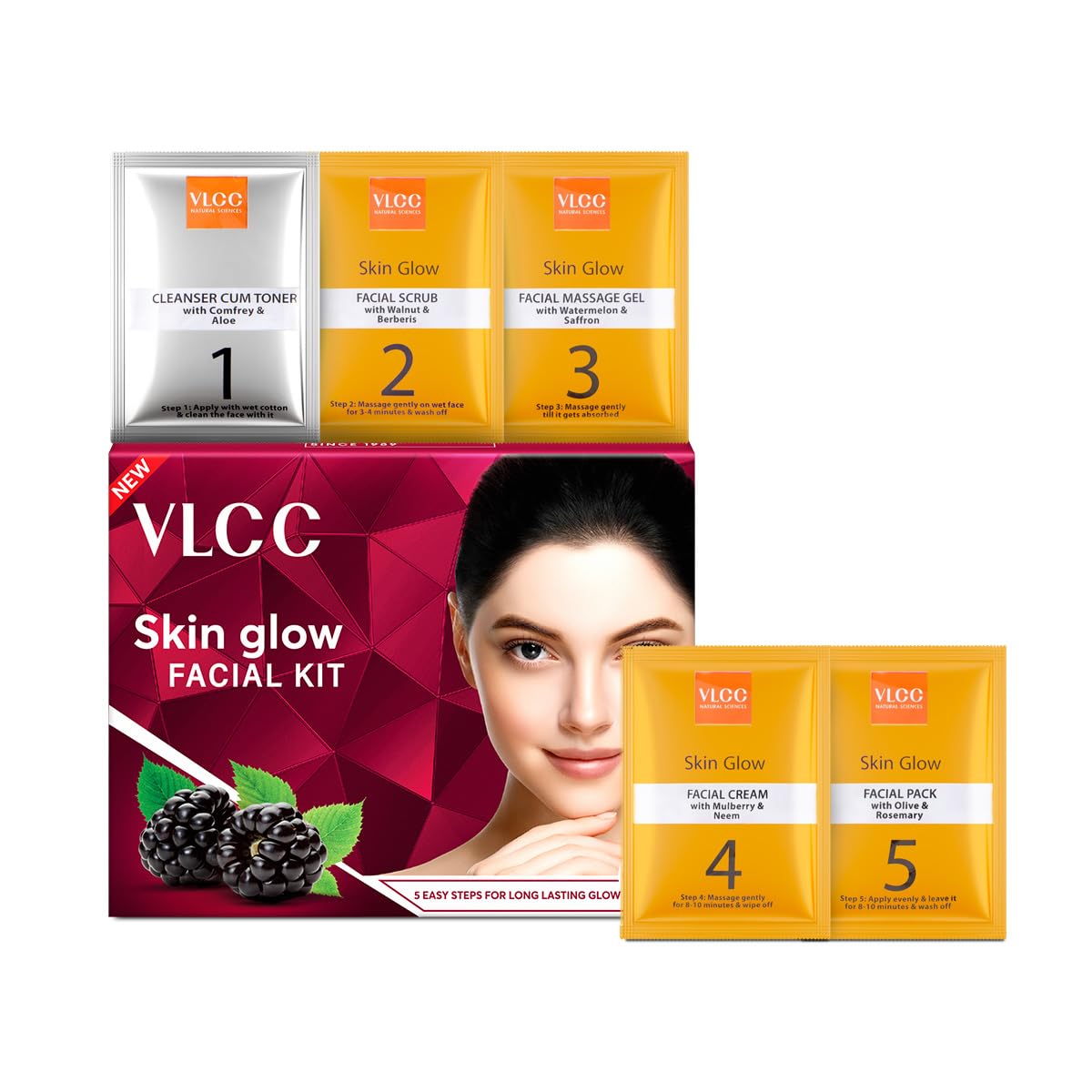 VLCC Glow Facial Kit - 25g X 3 (75g) (Pack of 3)  Promotes Cell Renewal, Helps Brighten Complexion Even Tone Skin  Smoothens Uneven Skin Texture  With Aloe Vera, Cucumber, Saffron & Mulberry