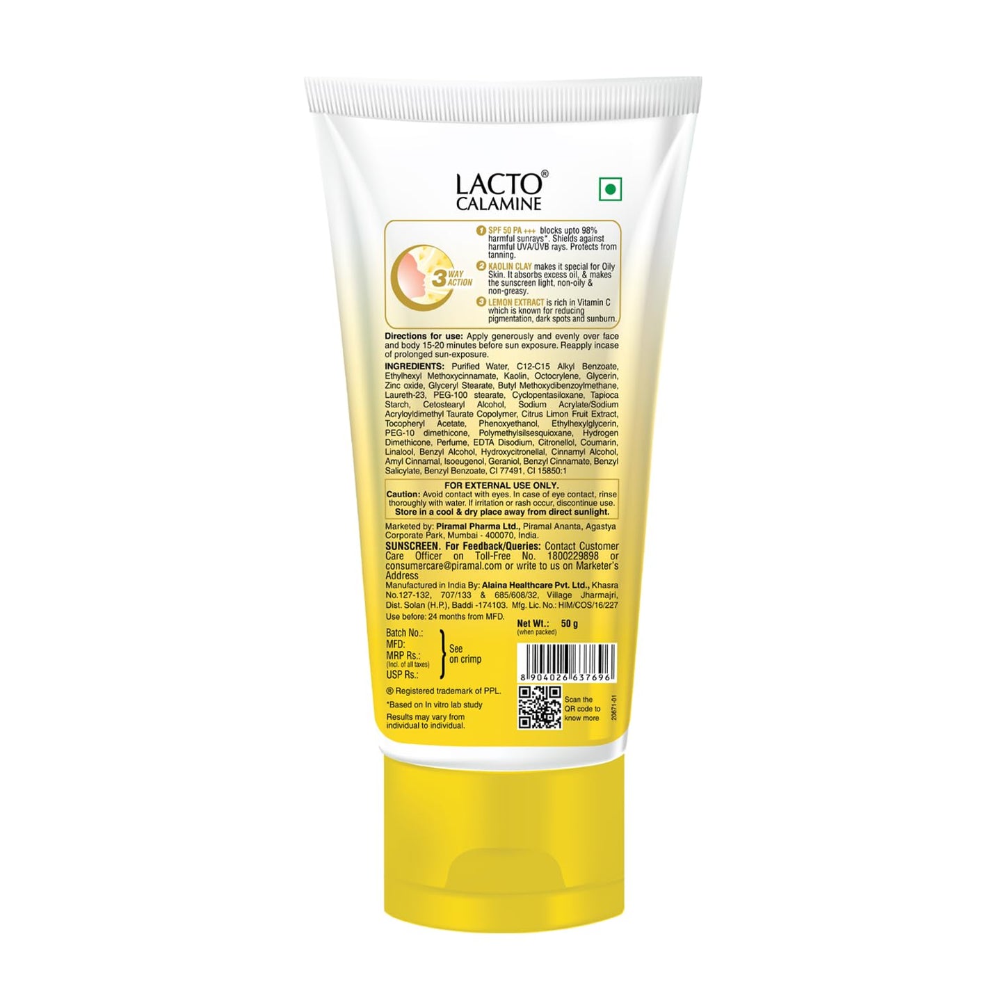 Sunscreen- LACTO CALAMINE DAILY SUNSHIELD MATTE LOOK SUNSCREEN WITH CAOLIN CLAY (SPF 50 PA+++ UVA!UVB) FOR OILY SKIN 50gm