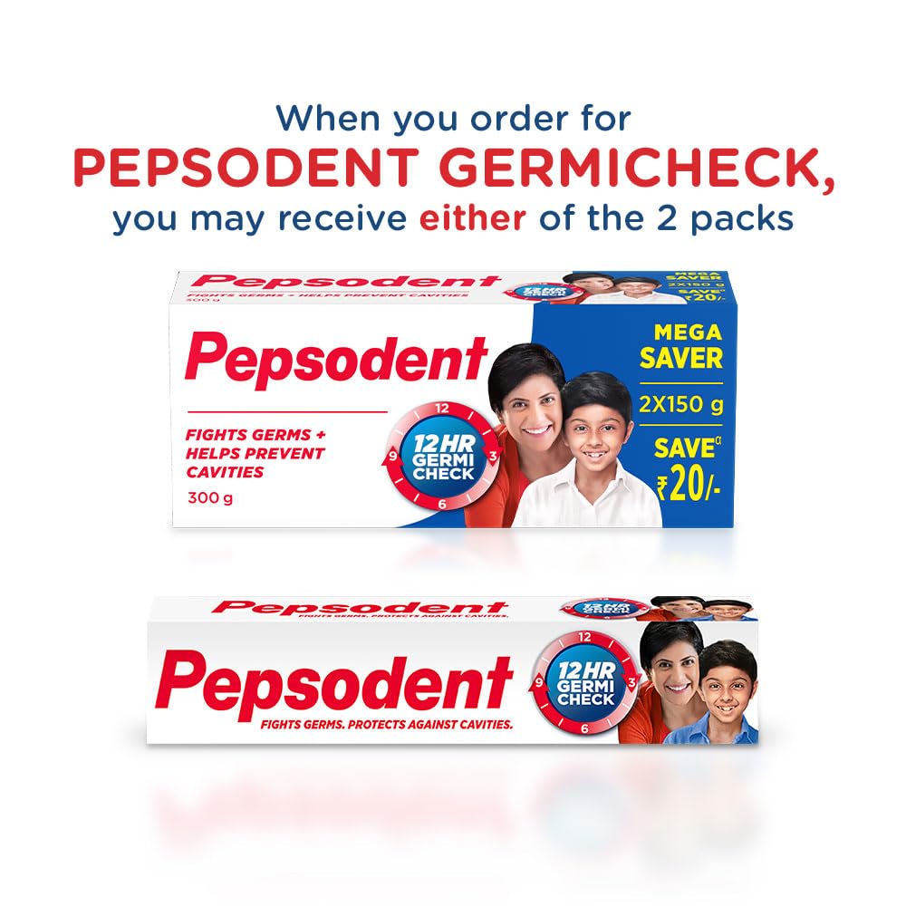 Toothpaste- Pepsodent Germicheck 300g (150g x 2) 8 Actions, Whole Mouth Cavity Protection Plaque Removal Toothpaste With Anti-Germ Formula, Clove And Neem Oil, Jumbo Save Pack