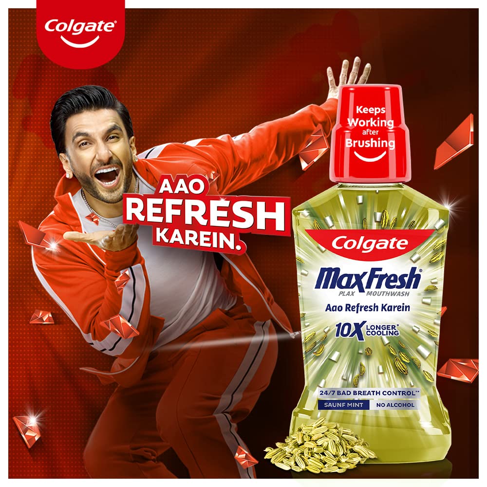 Mouth Cleaning- Colgate Maxfresh Plax Antibacterial Mouthwash (Saunf), Removes 99% Germs with CPC 24/7 Fresh Breath, 0% Alcohol - 250ml