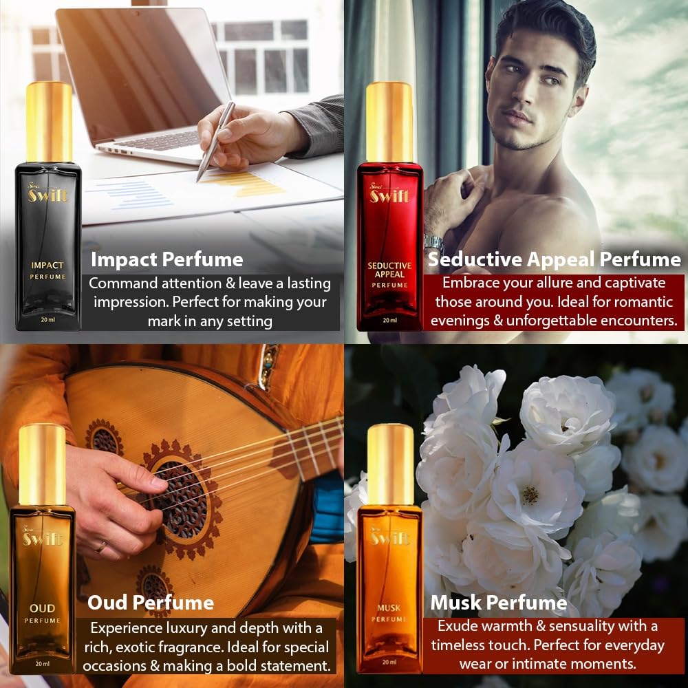 Perfumes & Deodorants- Simco Swift Ultimate Luxury Men's Perfume Gift Set - 4 x 20ml (MUSK, OUD, SEDUCTIVE APPEAL, and IMPACT) with Long-Lasting Fragrances for Every Occasion.