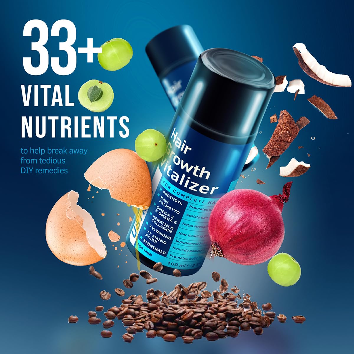 Hair Serum- USTRAA 3-in-1 Hair Growth Vitalizer enriched with Redensyl and Onion Extract which Boosts Hair Growth, Helps Prevent Hair Fall and Delays Premature Greying is a Non-Oily Serum for Complete Hair Care and Nourishment - 100ml