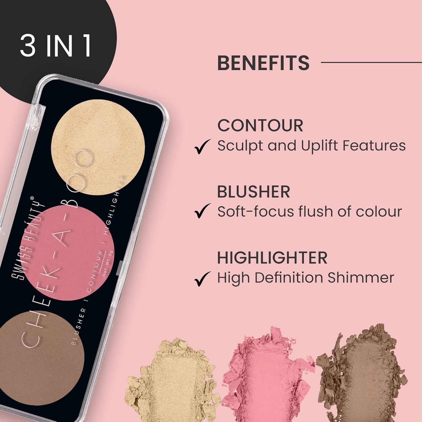 Makeup Kit- Swiss Beauty Cheek- A- Boo 3 in 1 Face Palette With Blusher, Contour And Highlighter 8gm