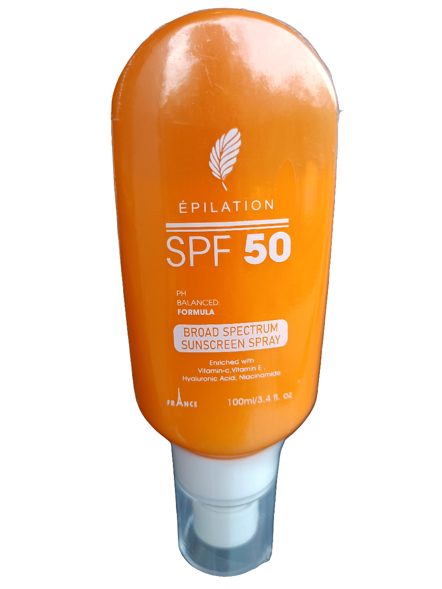 Sunscreen- Epilation SPF 50 PH Balanced Formula Broad Spectrum Sunscreen Spray Enriched with Vitamin-C, Vitamin-E, Hyaluronic Acid and Niacinamide 100ml