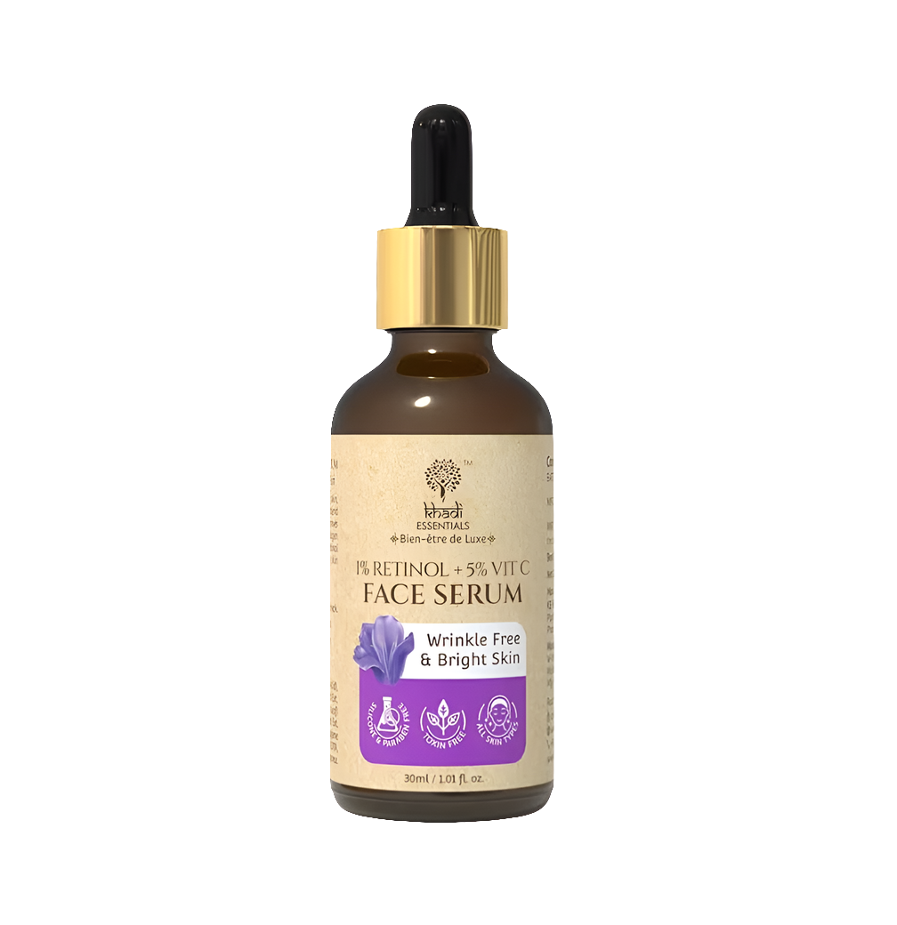 Face Serum- Khadi Essential's 1% Retinol + 5% Vitamin-C Face Serum enriched with Bakuchi for Wrinkle Free & Bright Skin - 30ml