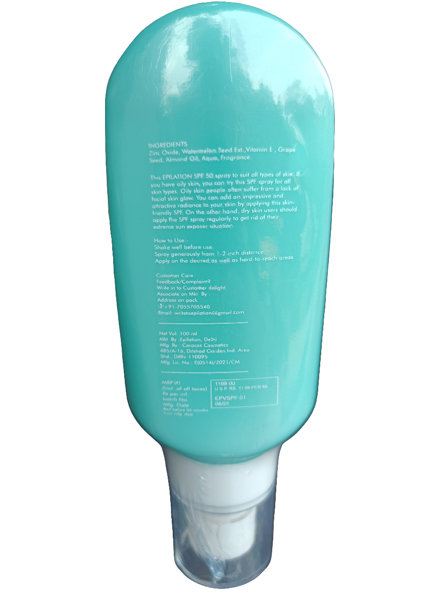 Sunscreen- Epilation SPF 50 PH Balanced Formula Broad Spectrum Sunscreen Spray Enriched with Watermelon Seed Extract, Vitamin-E, Grape Seed and Almond Oil 100ml