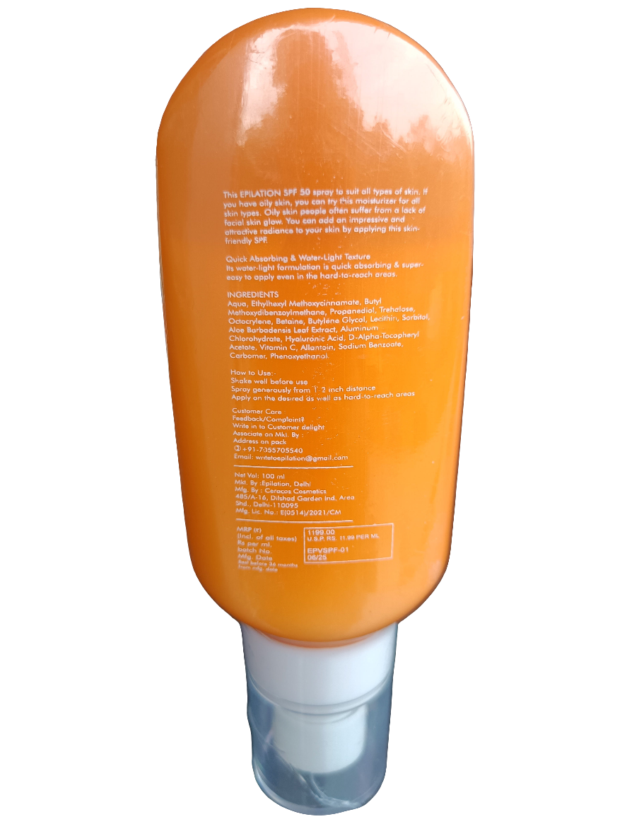 Sunscreen- Epilation SPF 50 PH Balanced Formula Broad Spectrum Sunscreen Spray Enriched with Vitamin-C, Vitamin-E, Hyaluronic Acid and Niacinamide 100ml