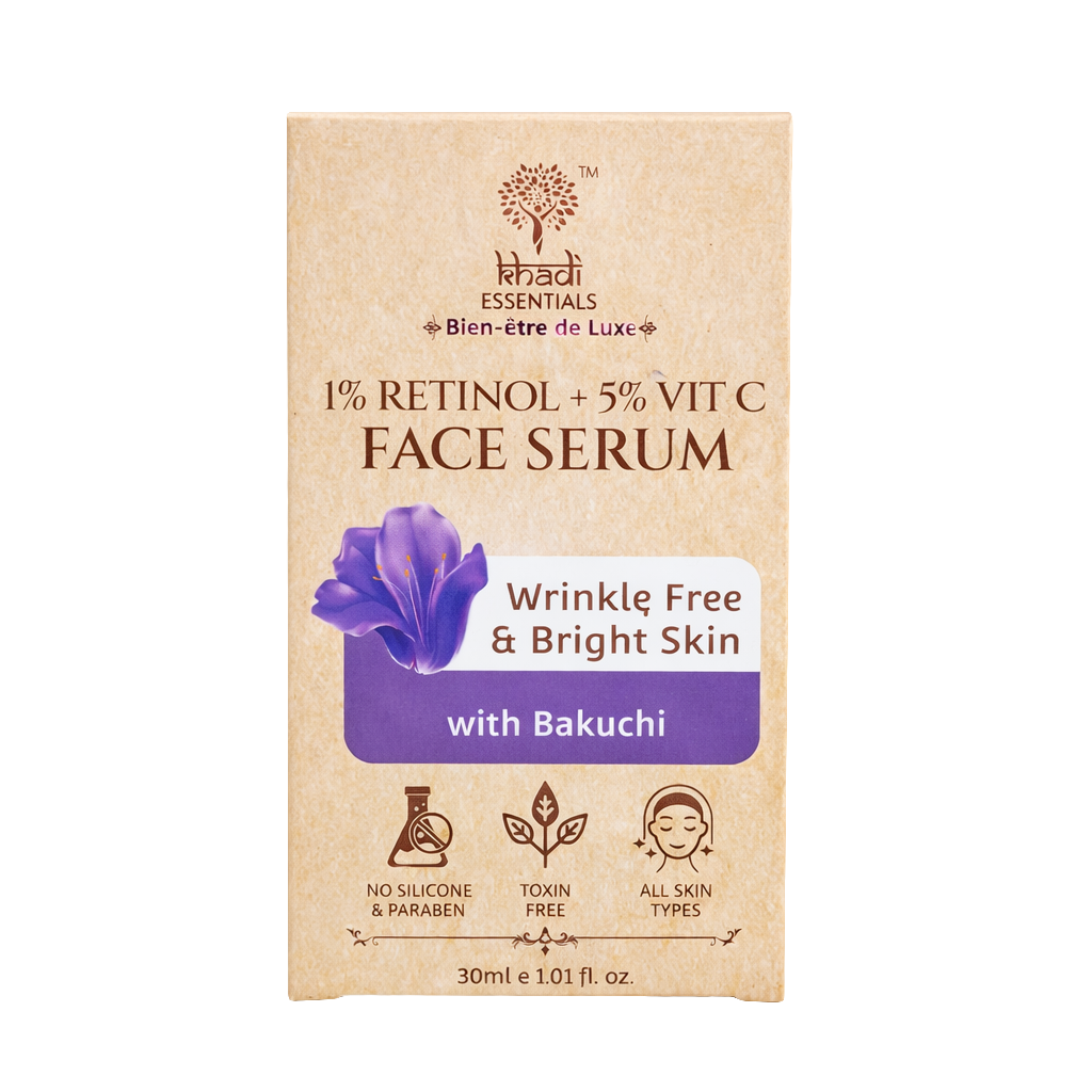Face Serum- Khadi Essential's 1% Retinol + 5% Vitamin-C Face Serum enriched with Bakuchi for Wrinkle Free & Bright Skin - 30ml