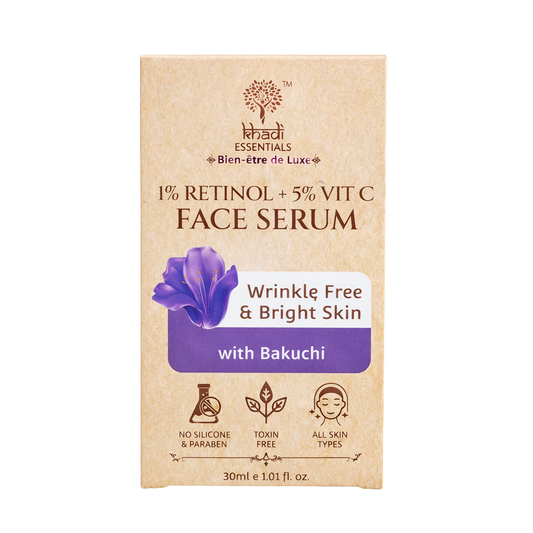 Face Serum- Khadi Essential's 1% Retinol + 5% Vitamin-C Face Serum enriched with Bakuchi for Wrinkle Free & Bright Skin - 30ml