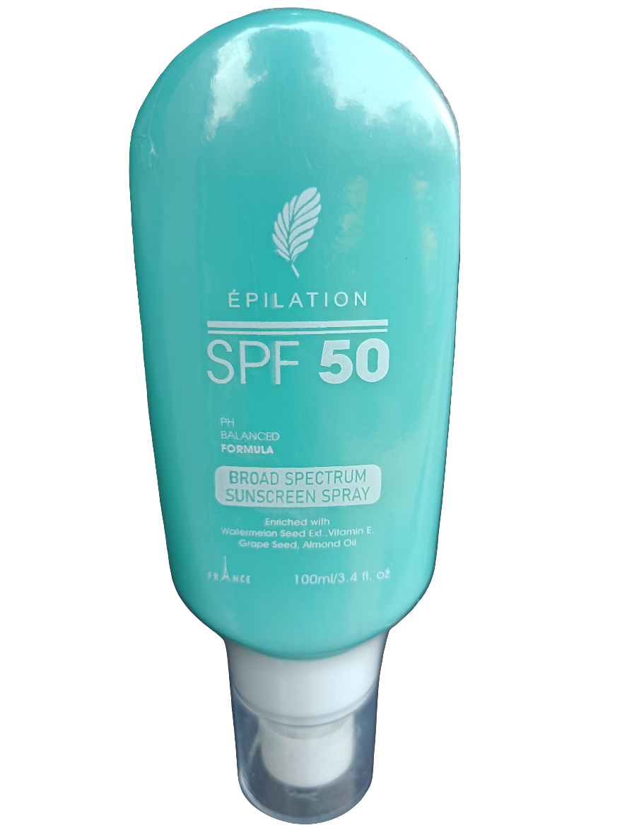 Sunscreen- Epilation SPF 50 PH Balanced Formula Broad Spectrum Sunscreen Spray Enriched with Watermelon Seed Extract, Vitamin-E, Grape Seed and Almond Oil 100ml