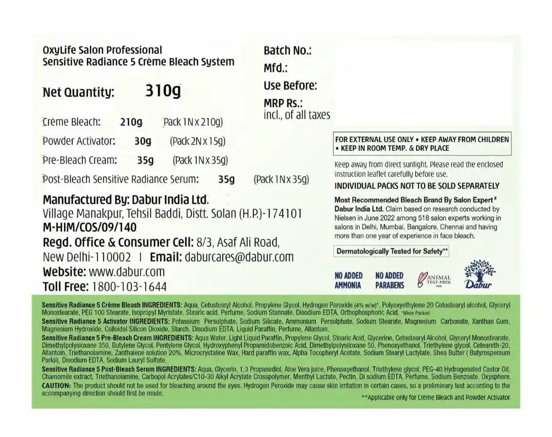 Bleach Cream- OXYLIFE Salon Professional's Aloe Vera enriched SENSITIVE Radiance-5 Bleach Cream with Active Oxygen for Sensitive Skin 310gm (Bleach Cream 210gm, Powder Activator 30gm, Pre-Bleach Cream 35gm & Post-Bleach Cream 35gm)