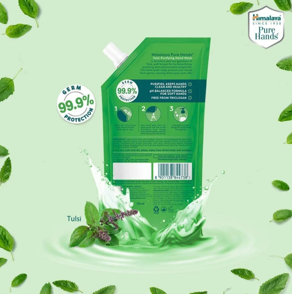 Hand Wash- Himalaya Pure Hands Tulsi Purifying PH Balanced Hand Wash which Purifies, Keeps Hands Clean & Healthy and gives Germ Protection upto 99.9% - Refill Value Pack 185ml