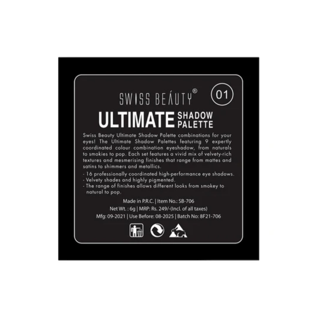 Makeup Eyeshadow- Swiss Beauty Ultimate 9 Color Eyeshadow Palette (Shade-01) consists of highly pigmented shades in matte, shimmer, and metallic finishes for creating endless eye looks - 6gm