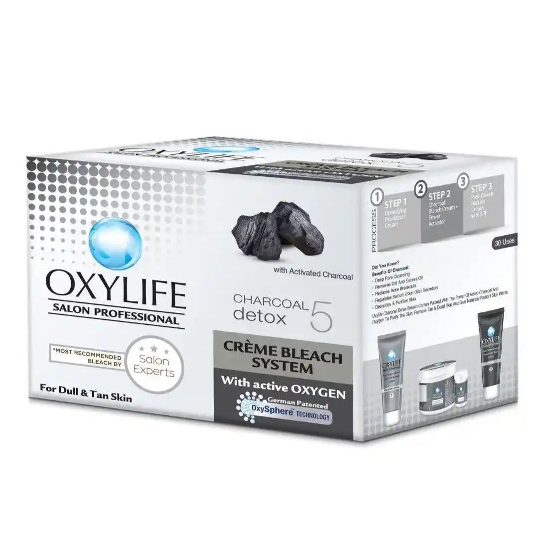 Bleach Cream- OXYLIFE Salon Professional's Activated Charcoal enriched CHARCOAL Detox-5 Bleach Cream with Active Oxygen for Dull & Tanned Skin 310gm (Bleach Cream 210gm, Powder Activator 30gm, Pre-Bleach Cream 35gm & Post-Bleach Cream 35gm)