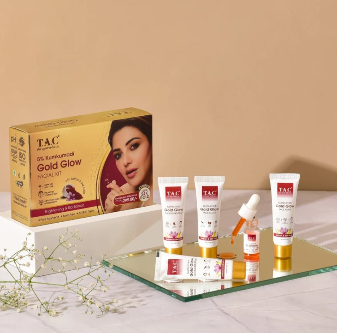 Facial Kit- T.A.C. Ayurveda's 5% Kumkumadi Gold Glow Facial Kit with Saffron & 24K Gold for Instant Brightening and Radiance- 43gm
