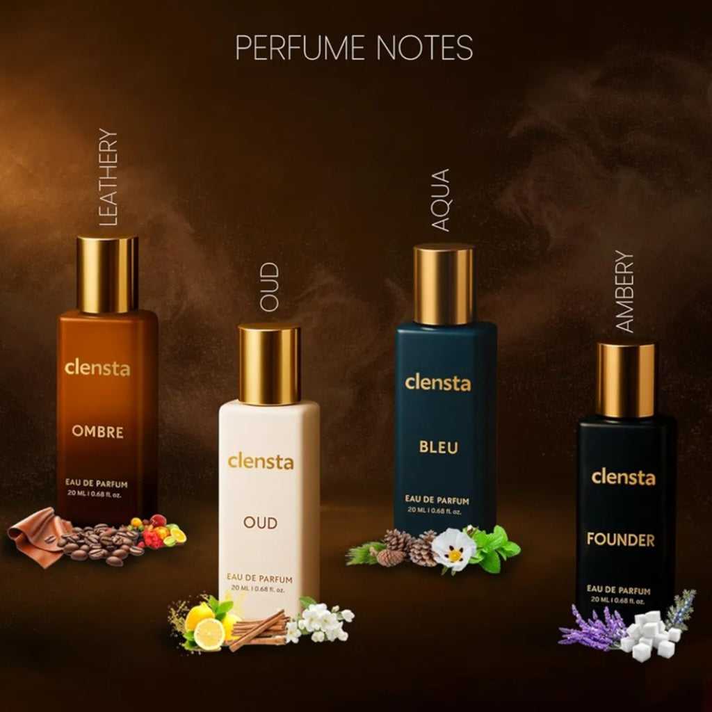 Perfumes and Deodorants- Clensta Luxury Collection Perfumes Gift Set with 1. Oud, 2. Ombre, 3. Bleu and 4. Founder Fragrances - 80ml (Pack of 4×20ml)