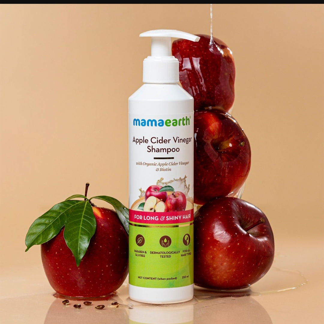 Hair Shampoo- Mamaearth Apple Cider Vinegar Shampoo with Organic Apple Cider Vinegar and Biotin designed for long & shiny hair, helping to boost shine, soothe cuticle damage and restore strength & volume - 250ml