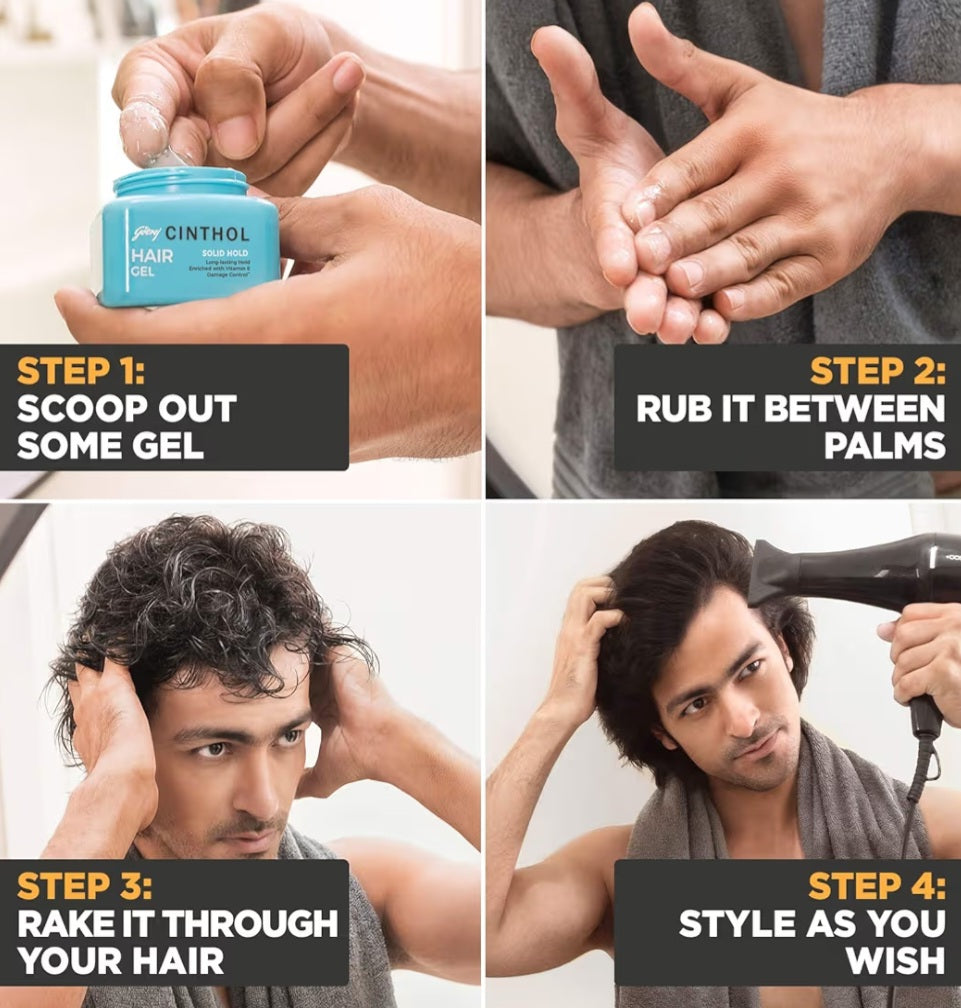 Men's Shaving, Styling and Grooming- Godrej Cinthol Solid Hold Hair Gel enriched with Vitamin-E for Long-Lasting Style Hold and Damage Control - 100gm