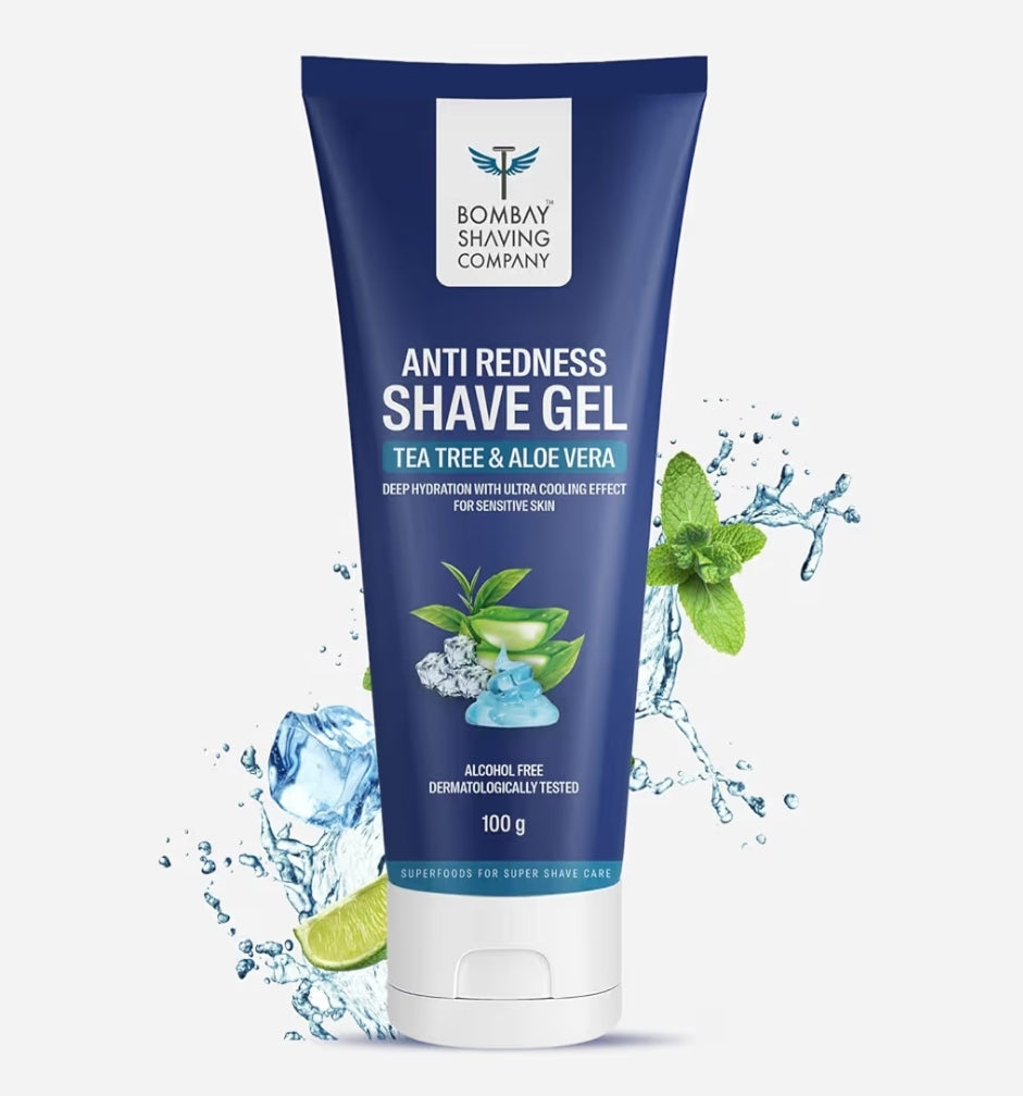 Shaving & Grooming- Bombay Shaving Company's Anti-Redness Shave Gel enriched with Tea Tree & Aloevera which gives Deep Hydration with Ultra Cooling Effect, Suitable for Sensitive Skin - 100gm