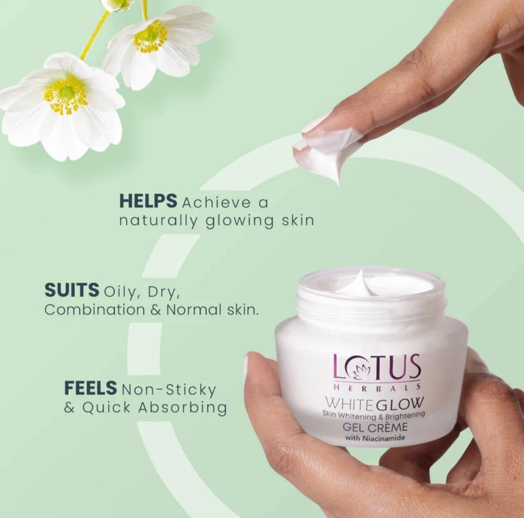Brightening & Glowing Cream- Lotus Herbals Whiteglow with Niacinamide and SPF 25 PA+++ Skin Whitening & Brightening Gel Creme which Reduces Dark Spots and Provides Oil Free Glow 35gm