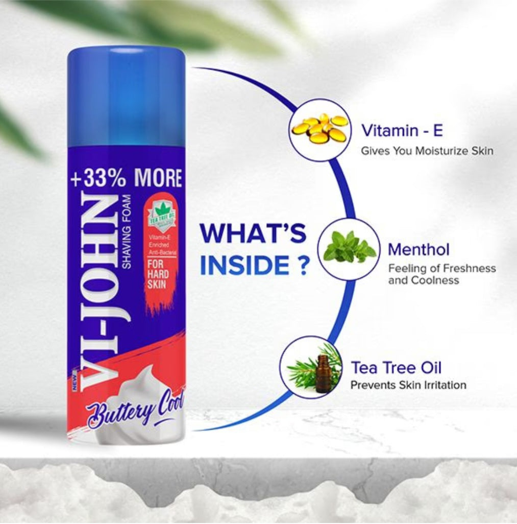 Shaving Foam- Vi-John Buttery Cool Shaving Foam enriched with Vitamin-E & Anti-Bacterial Goodness of Tea Tree Oil, Suitable for Hard Skin - 400gm (300gm +100gm Free)