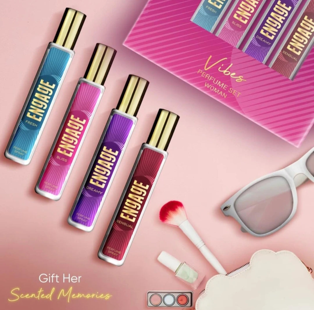 Perfumes & Deodorants- ENGAGE Vibes Perfumes Gift Set for Women with 4 Long-Lasting Fragrances (1. Fresh- Citrus & Fruity, 2. Bliss- Oriental & Floral, 3. Dreamy- Floral & Vanilla and 4. Sensual- Oriental & Amber) - 80ml (4x20ml)
