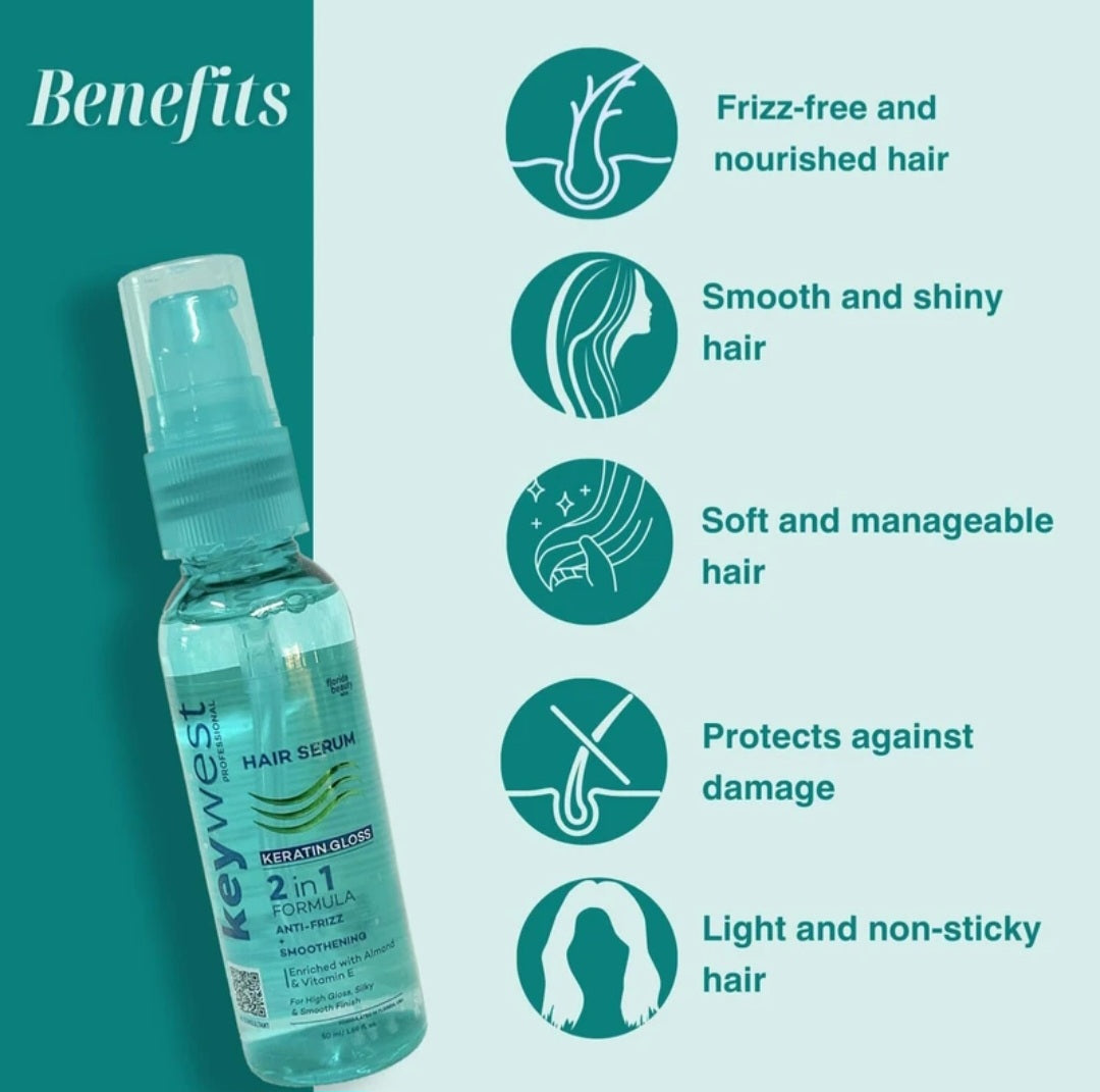 Hair Serum- Keywest Professional's Keratin Gloss Hair Serum 2-in-1 Formula (Anti-Frizz + Smoothening) Enriched with Almond Oil & Vitamin E - 50ml