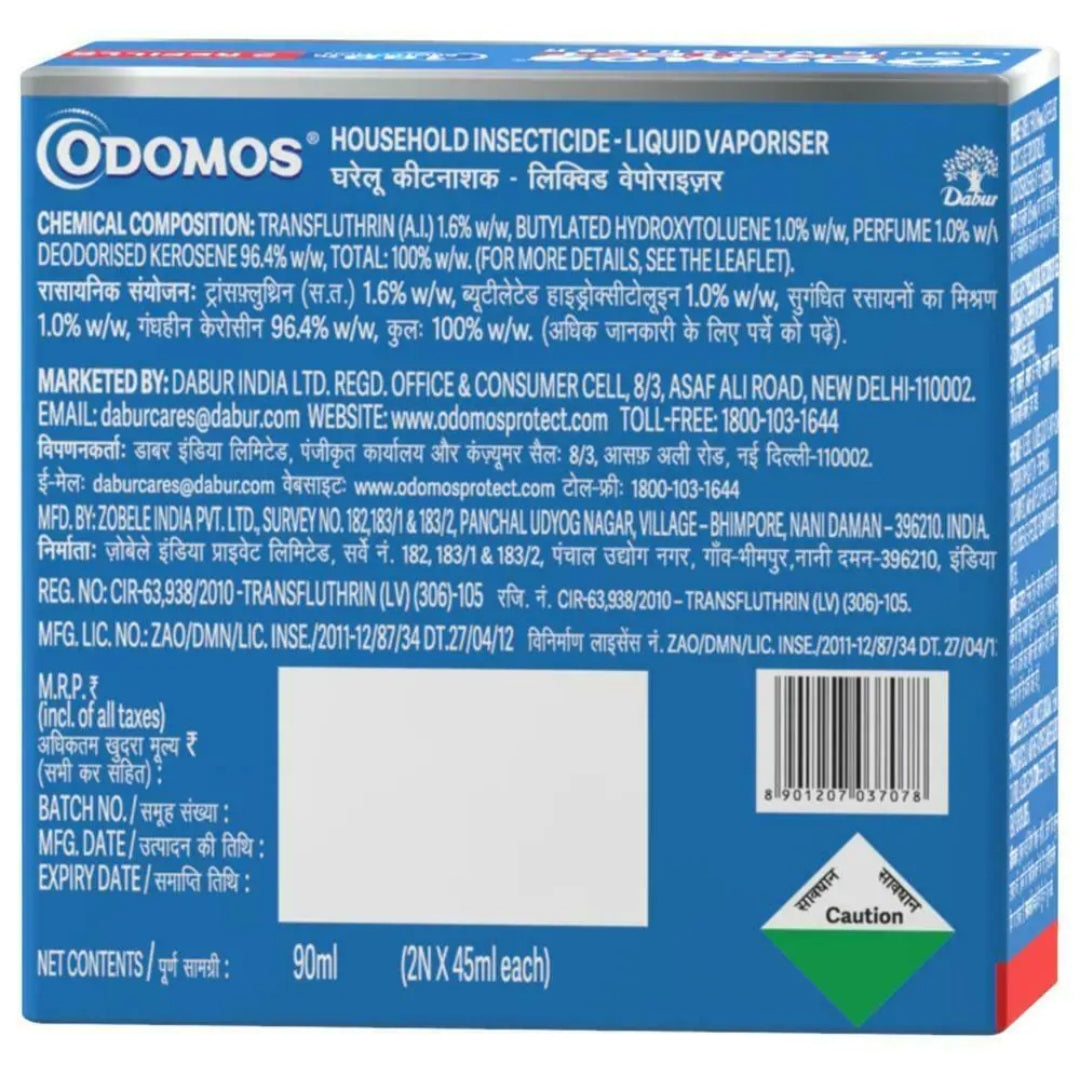 Protection from Insects and Repellents- ODOMOS Protect Liquid Vaporiser with 100% Protection from Mosquitos. A set of 2 Refills which Fits in All Machines - 90ml (2x45ml)